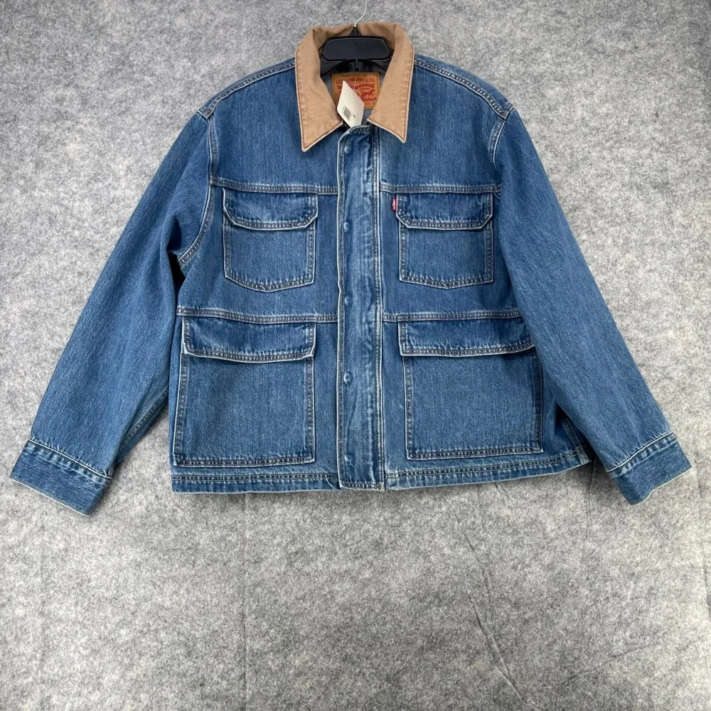 Levis East Port Chore Jacket Men L Blue Denim Corduroy Collar Relaxed 002WW0000